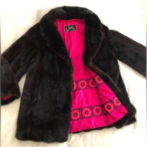 Mink Coat, chocolate color fur w/ Hot pink silk embroidered Lining